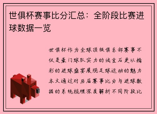世俱杯赛事比分汇总：全阶段比赛进球数据一览