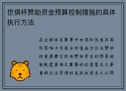 世俱杯赞助资金预算控制措施的具体执行方法