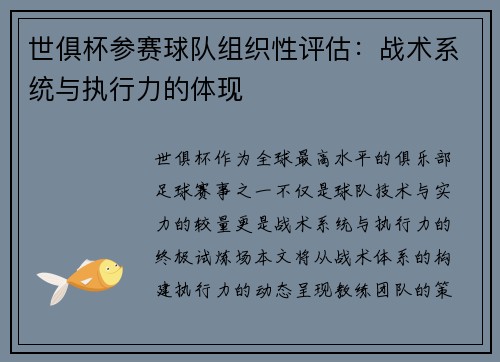 世俱杯参赛球队组织性评估：战术系统与执行力的体现